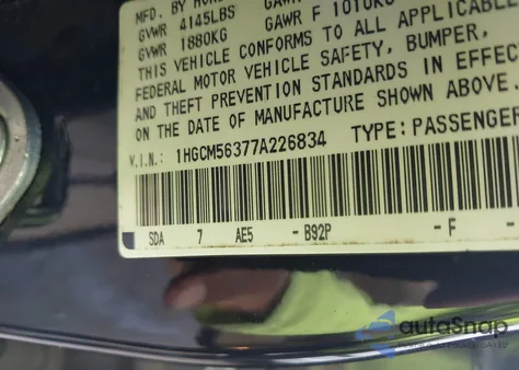 2007 Honda Accord 2.4 Se from USA, damaged, VIN 1HGCM56377A226834